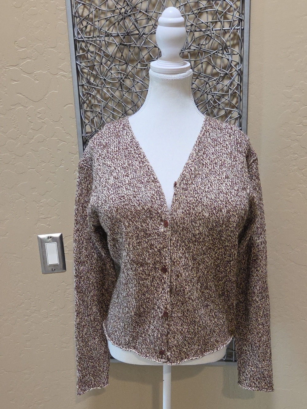 Eileen Fisher V-Neck Cardigan Sweater In Marled Brown & Ivory Mix